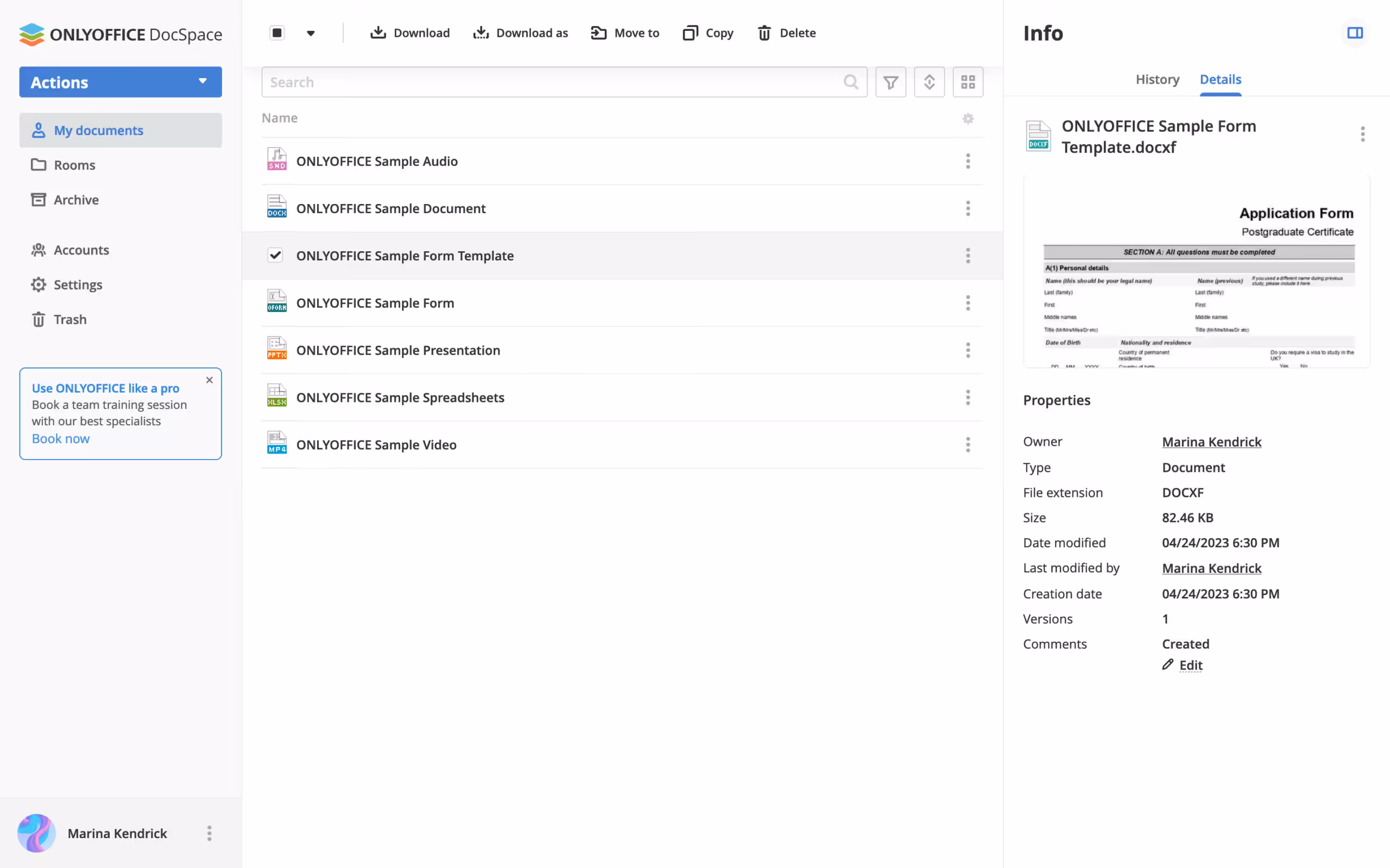 OnlyOffice My documents Info screenshot